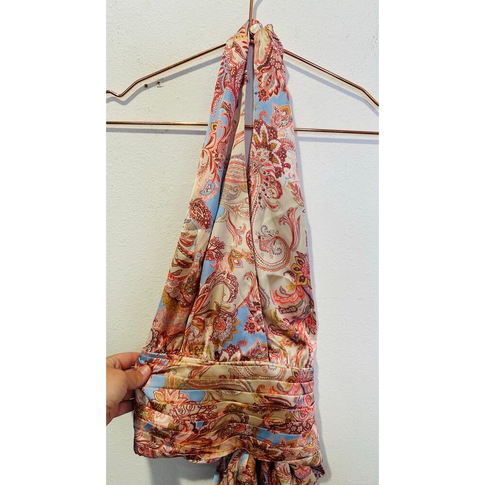 WILLOW & ROOT Taupe Pink Blue Paisley Satin Cropped Halter V-Neck Halter Top L - Picture 4 of 9